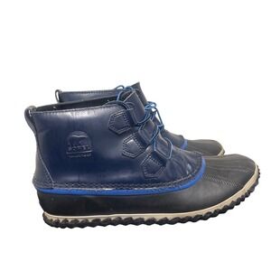 Sorel Women's Out N About Ankle Rain Boots Waterproof Blue Leather Lace Up SZ 10